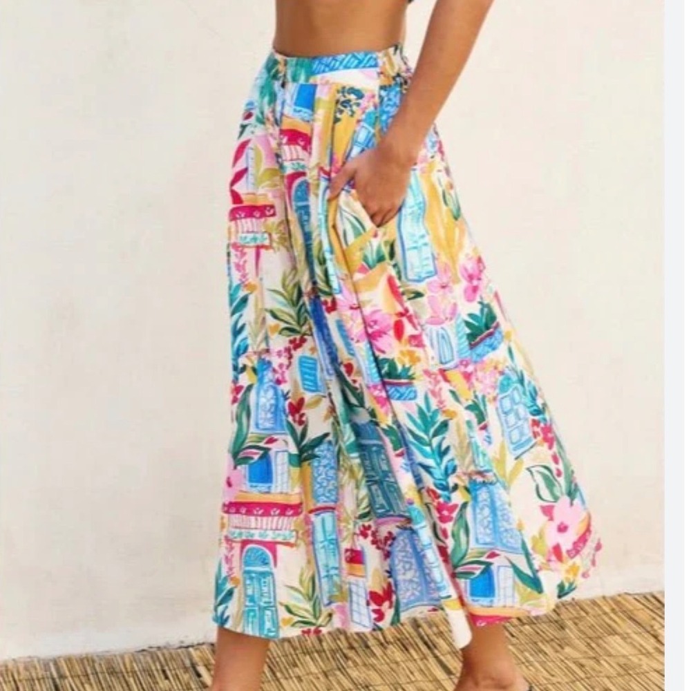 Vici Dolls Mediterranean Print Button Front Midi Skirt S Floral Architectural